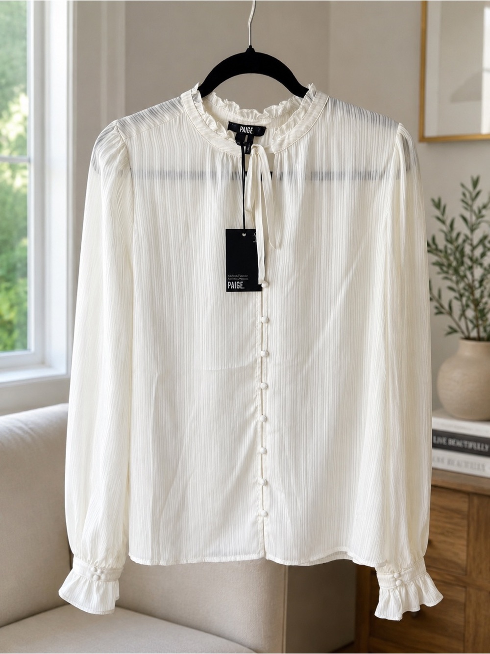 PAIGE Cream Ruffled Tie-Neck Button-Front Blouse